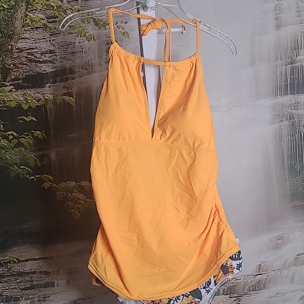 New! Missky Womens XL bright yellow sunflower two piece tankini swim suit